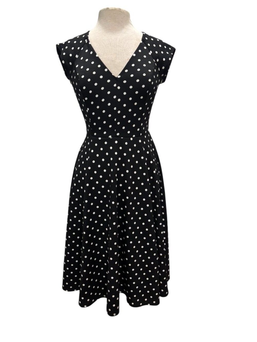 ModCloth Polka Dot Dress M Black White Fit Flare Retro Midi USA - Picture 2 of 9